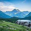 View from the hotel parking lot. Vista do parque de estacionamento do hotel. : Glacier NP, Many Glacier Hotel, Swiftcurrent Falls, Swiftcurrent Lake, vacation 2014