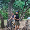 Getting ready for our 10-mile mountain bike ride. Preparando-se para um passeio de bicicleta de 16 km.